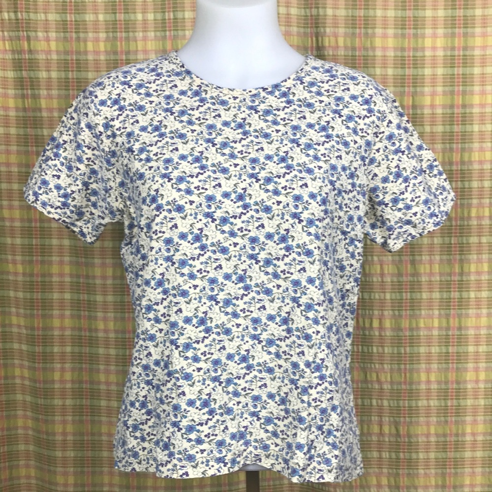 L.L.Bean Creme Floral Print Short Sleeve Top M